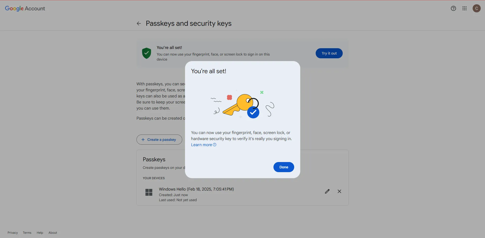 Screenshot des Google-Bestätigungsdialogs nach erfolgreichem Passkey-Test: „You’re all set!“ – die Anmeldung funktioniert ohne Passwort.