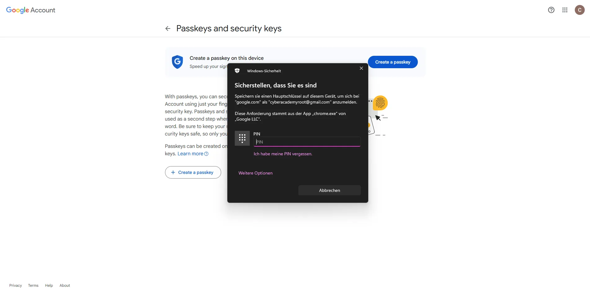 Screenshot des Windows-Sicherheit-Dialogs „Sicherstellen, dass Sie es sind“: Windows Hello fragt die PIN ab, um den Passkey auf dem Gerät zu speichern.